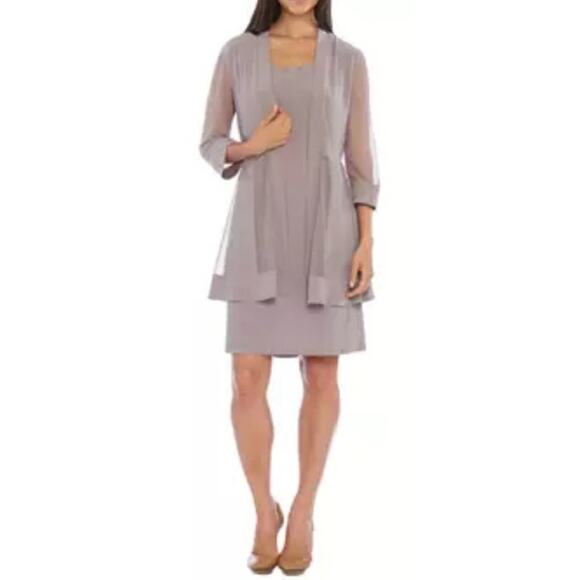 R&M Richards Mesh Panel Jacket Dress Size 3X Taupe Knee Length Elegant Cocktail - Picture 1 of 14